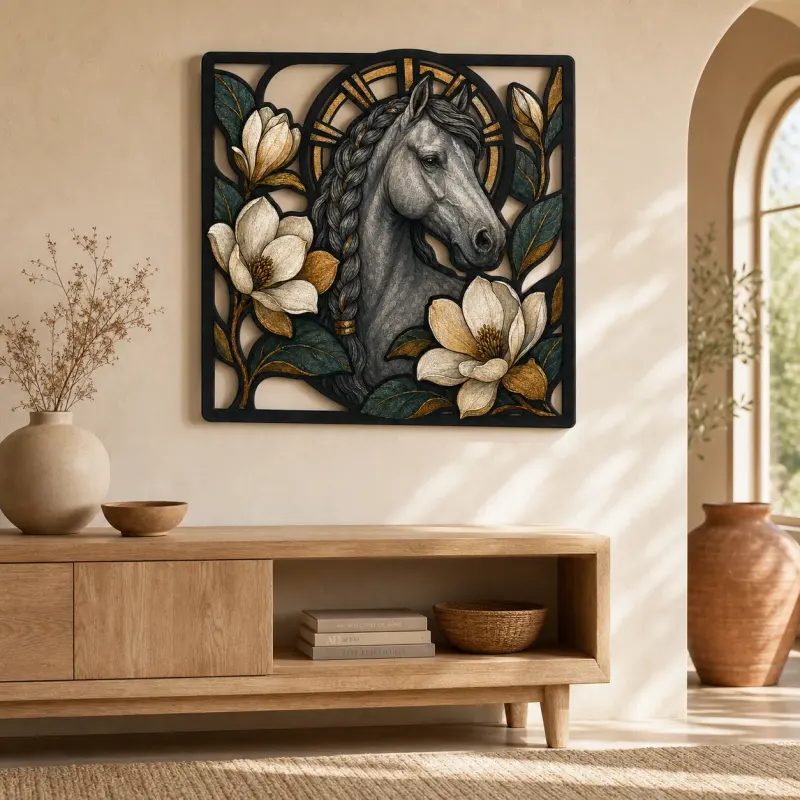 Braided Gray Horse with White Magnolia Flowers Colorful Metal Wall Art