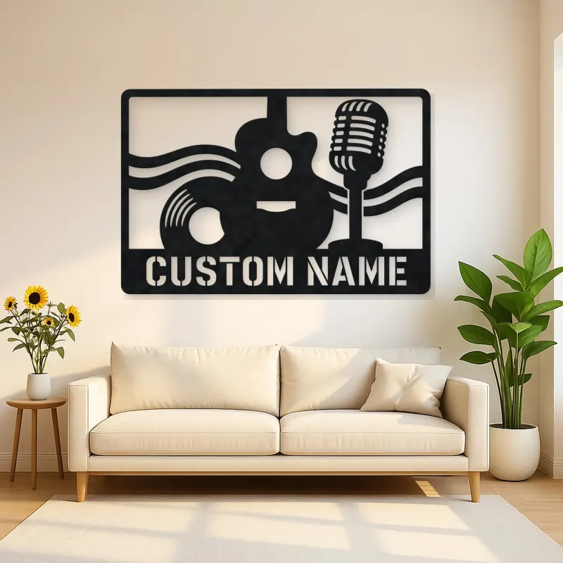 Personalized Vinyl Record Metal Wall Art with Vintage Microphone