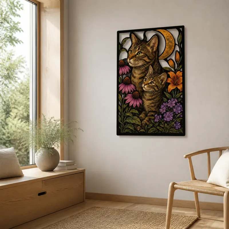 Tabby Mother Cat and Kitten in Flower Garden Colorful Metal Wall Art