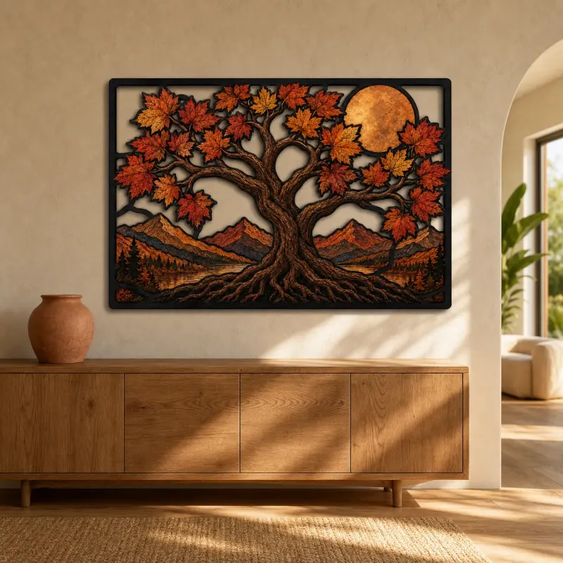 Autumn Maple Tree of Life in Mountains Colorful Metal Wall Art