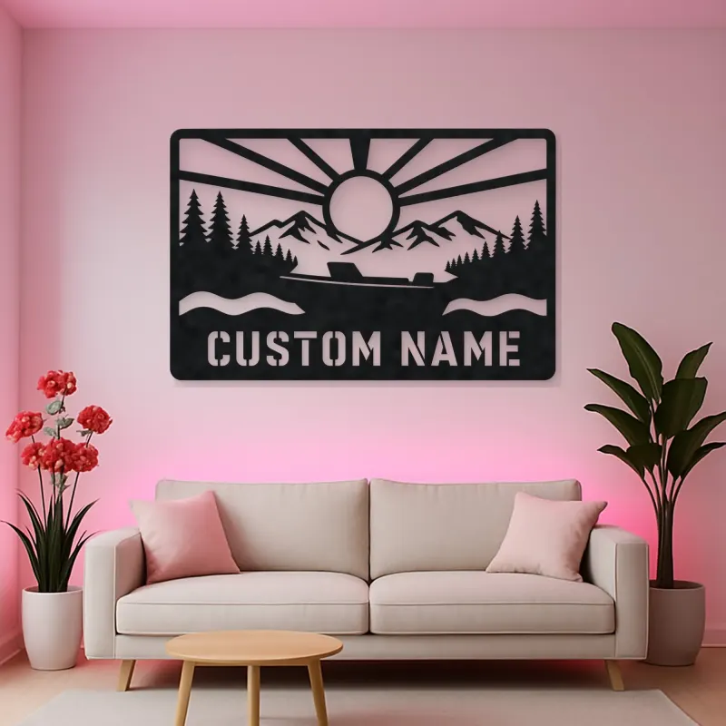 Personalized Speedboat Metal Wall Art with Mountain Lake