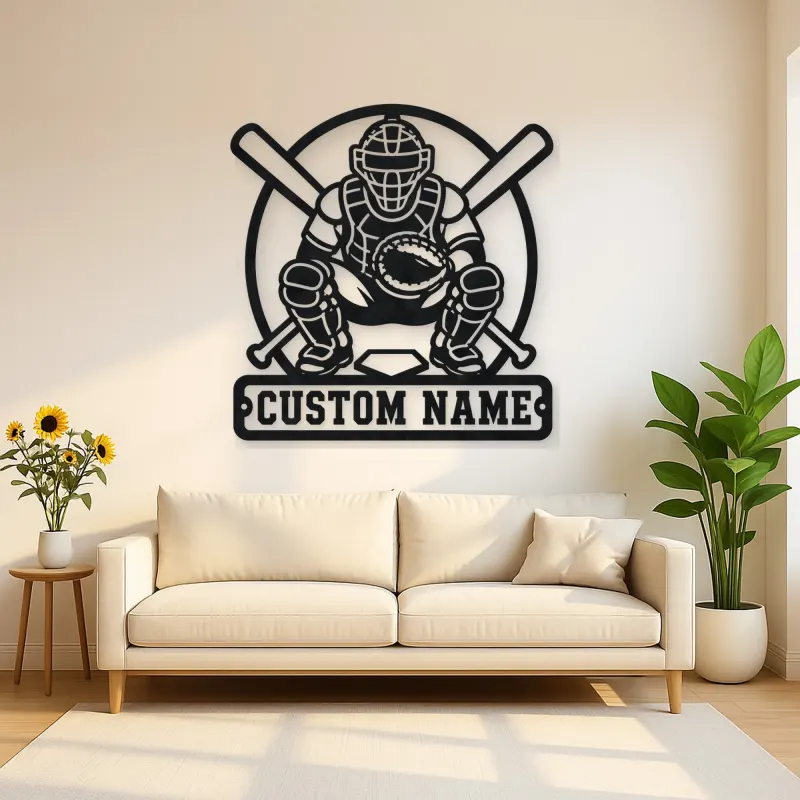Personalized Baseball Catcher Crossed Bats Metal Wall Art