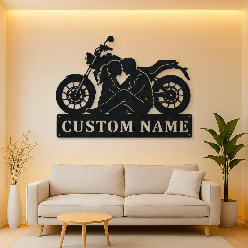 Personalized Seated Couple and Motorcycle Metal Wall Art
