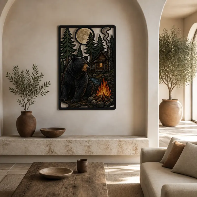 Black Bear by Cabin Campfire under Full Moon Colorful Metal Wall Art