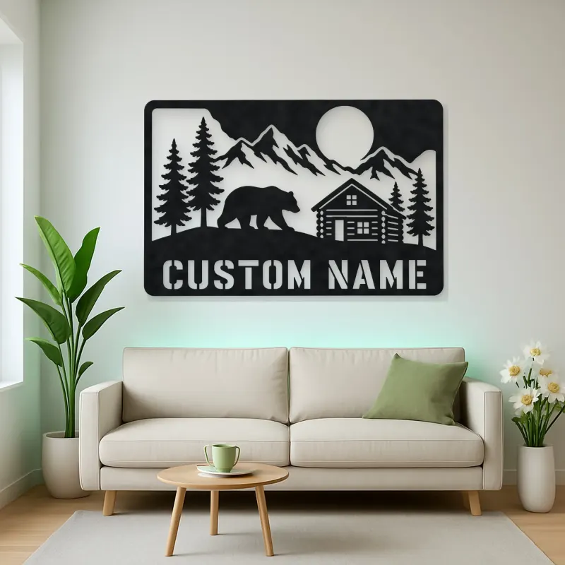 Personalized Bear and Log Cabin Metal Wall Art