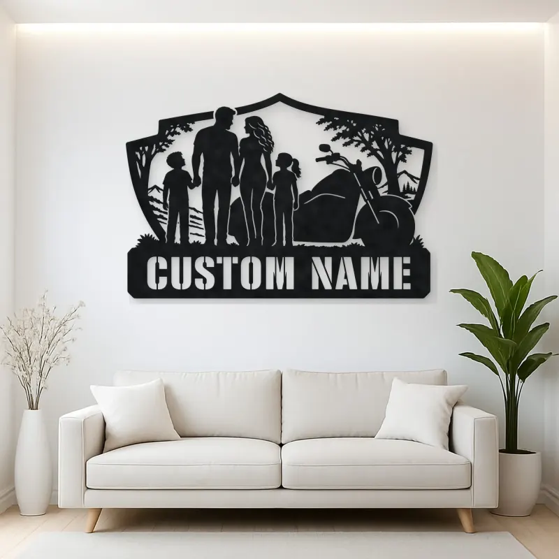 Personalized Family of Four Motorcycle Landscape Metal Wall Art