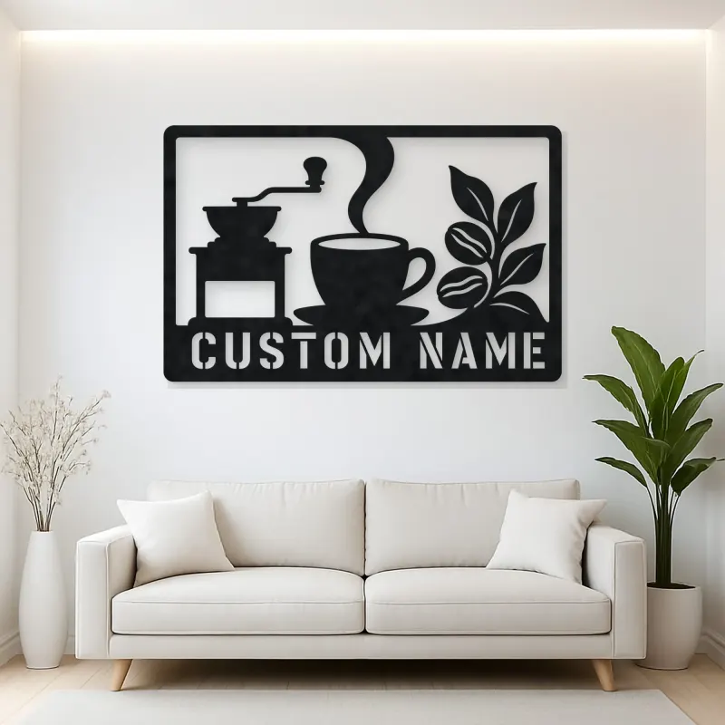 Personalized Coffee Station Metal Wall Art with Grinder