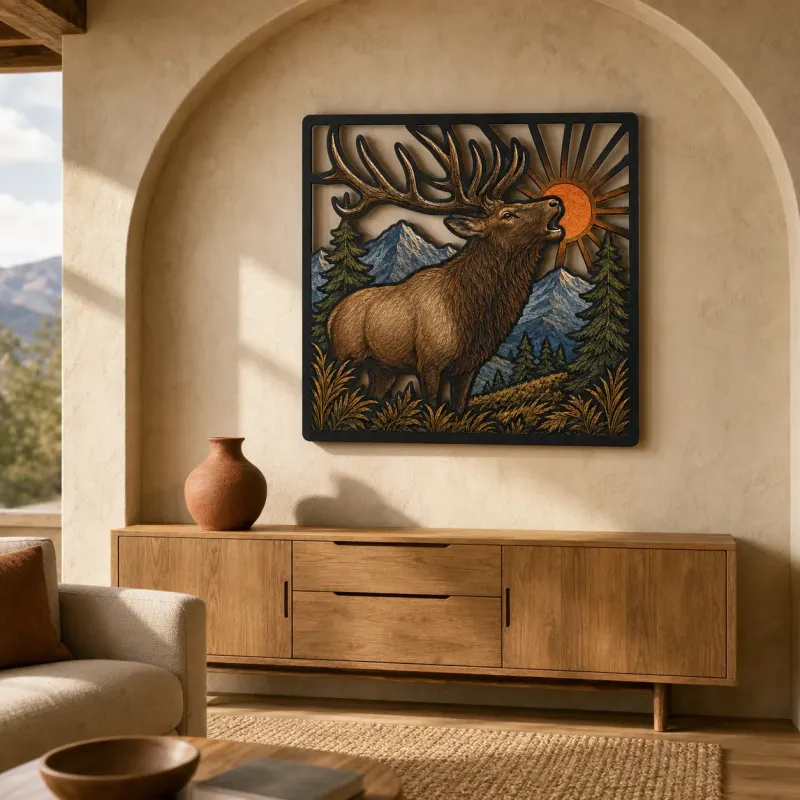 Bull Elk in Mountains beneath Radiant Sun Colorful Metal Wall Art
