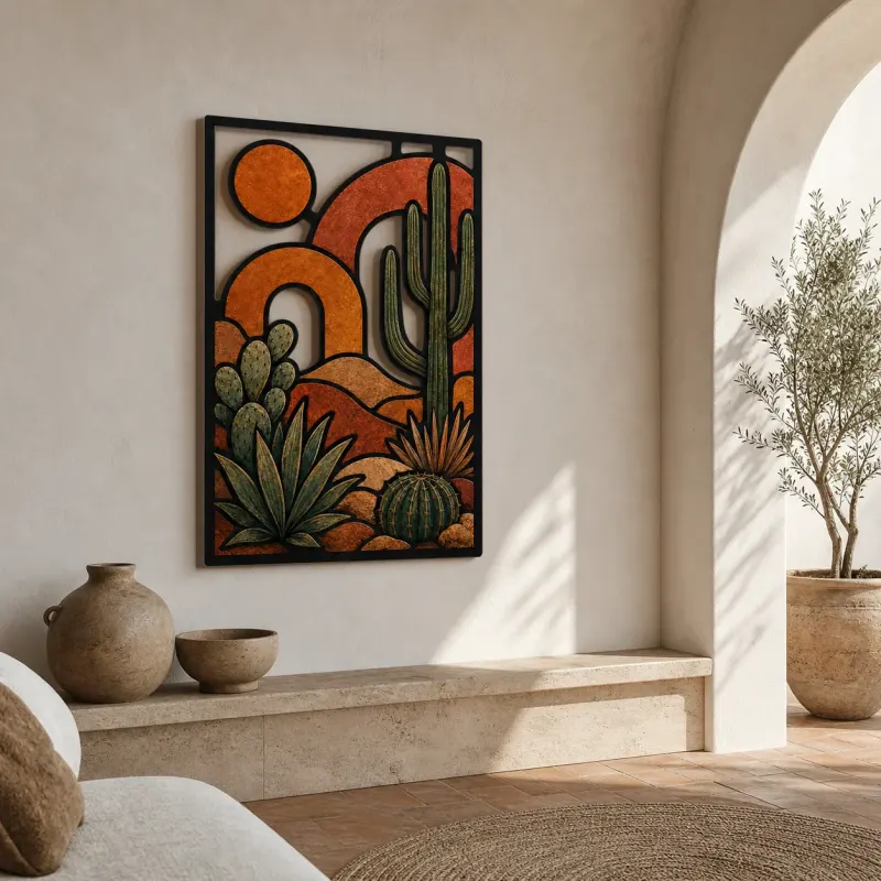 Mid Century Desert Cactus with Abstract Sun Colorful Metal Wall Art