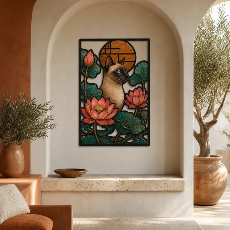 Siamese Cat with Lotus Flowers and Copper Sun Colorful Metal Wall Art