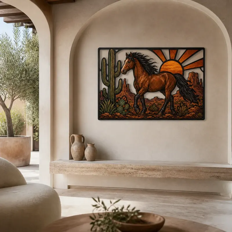 Wild Horse Running through Cactus Desert Colorful Metal Wall Art
