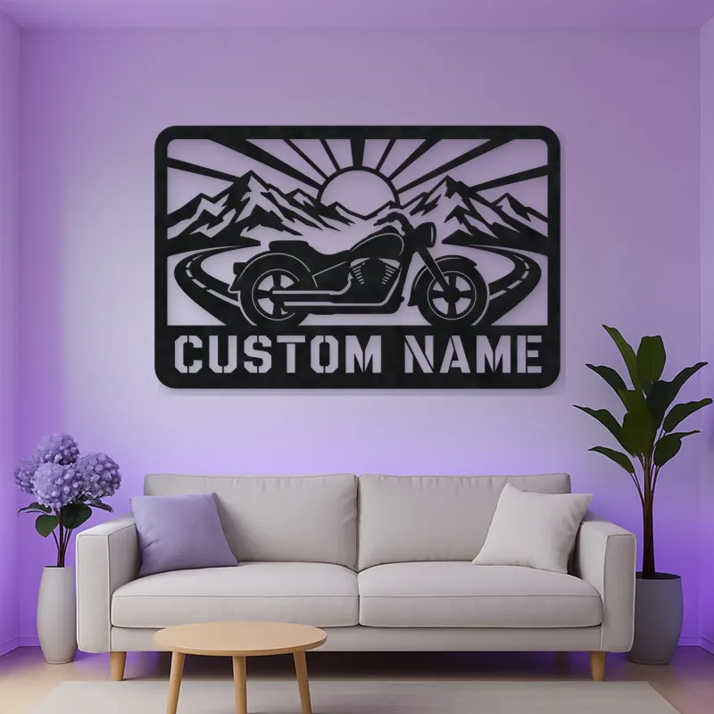 Personalized Cruiser Motorcycle Metal Wall Art with Mountain Road