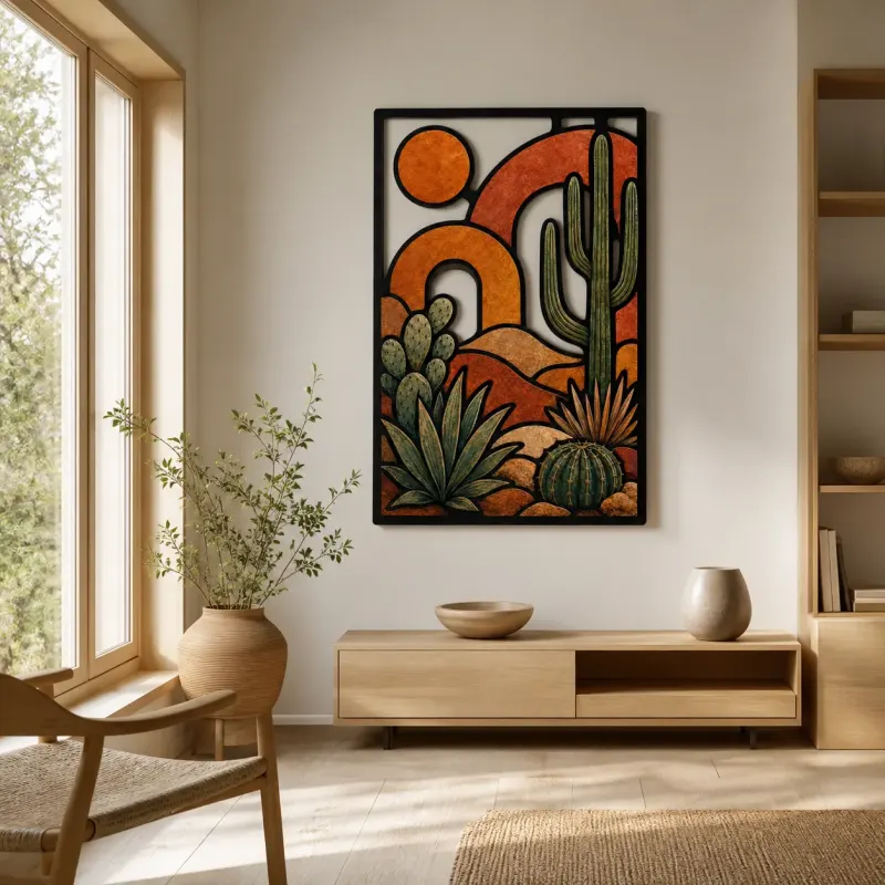 Mid Century Desert Cactus with Abstract Sun Colorful Metal Wall Art