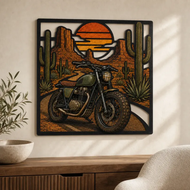 Scrambler-Motorrad auf Wüstenstraße im Sonnenuntergang - Buntes Metallschild