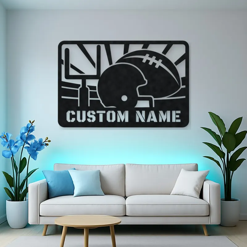 Personalized Football Helmet Metal Wall Art with Goalposts