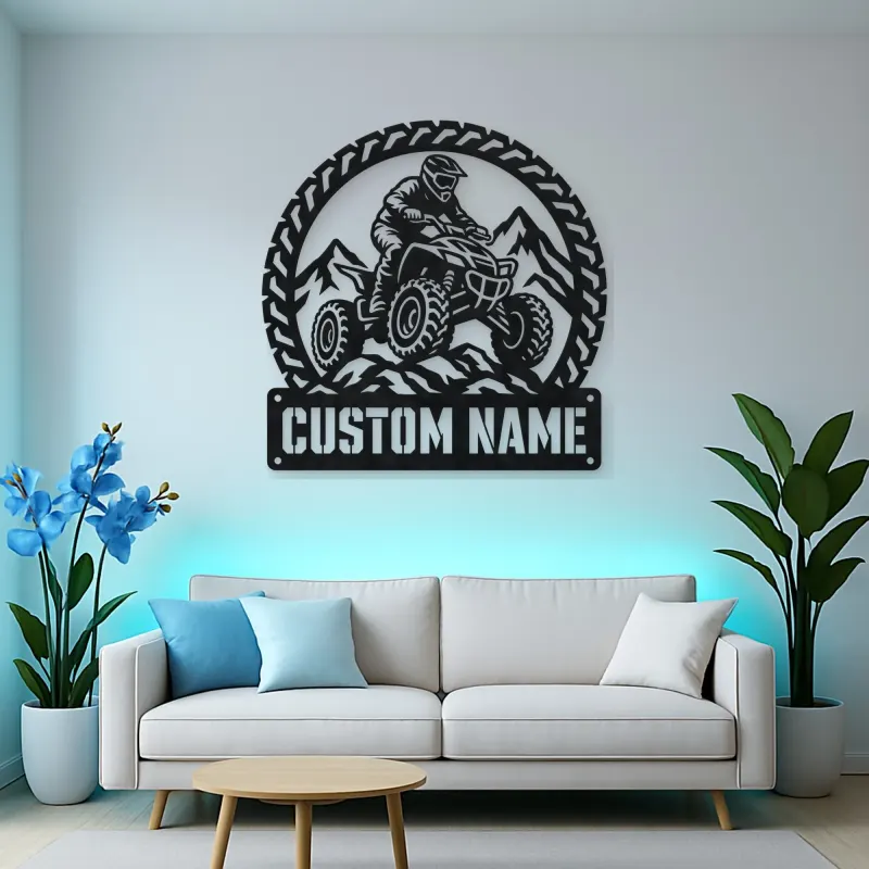 Personalized ATV Quad Rider Metal Wall Art with Mountain Trail