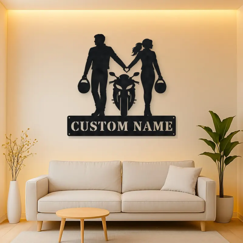 Personalized Helmet Holding Motorcycle Couple Metal Wall Art