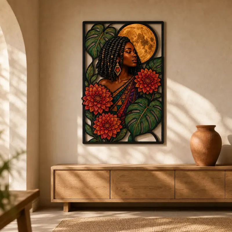 Afro Woman with Dahlias and Full Moon Colorful Metal Wall Art
