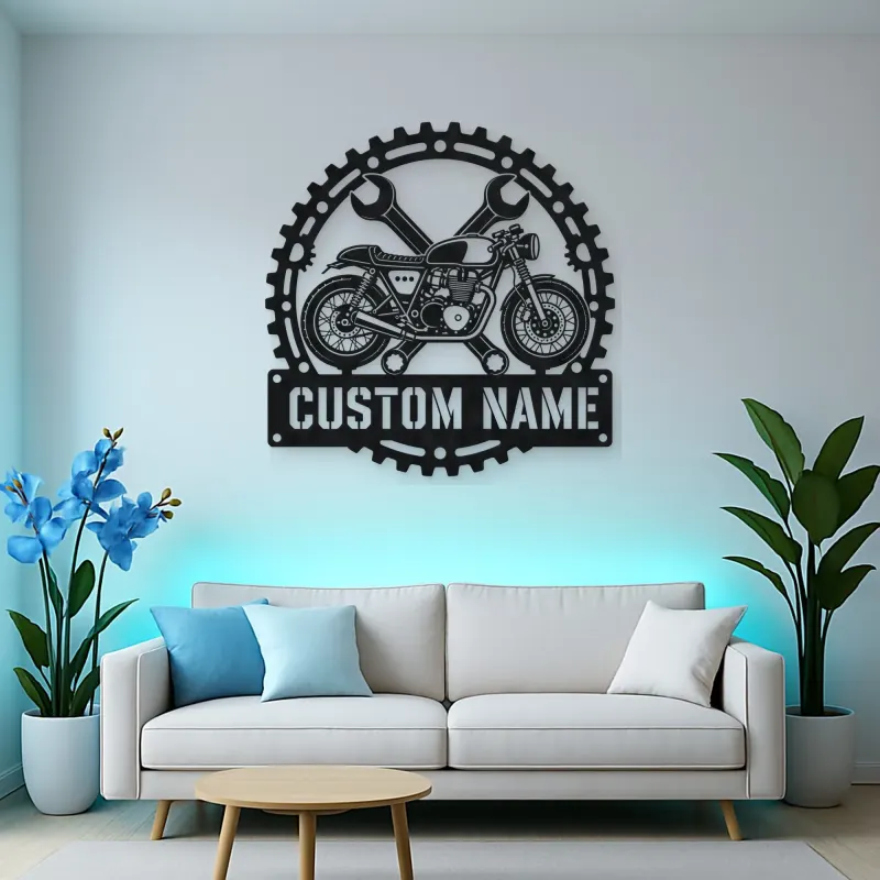 Personalized Cafe Racer Motorcycle Metal Wall Art with Crossed Wrenches