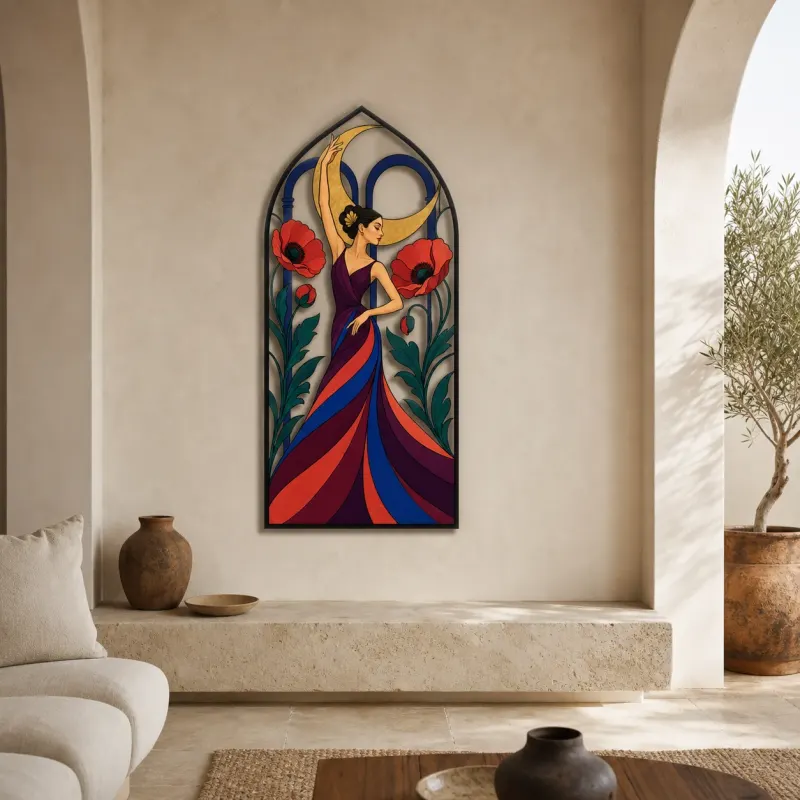 Flamenco Woman with Poppies and Crescent Moon Colorful Metal Wall Art