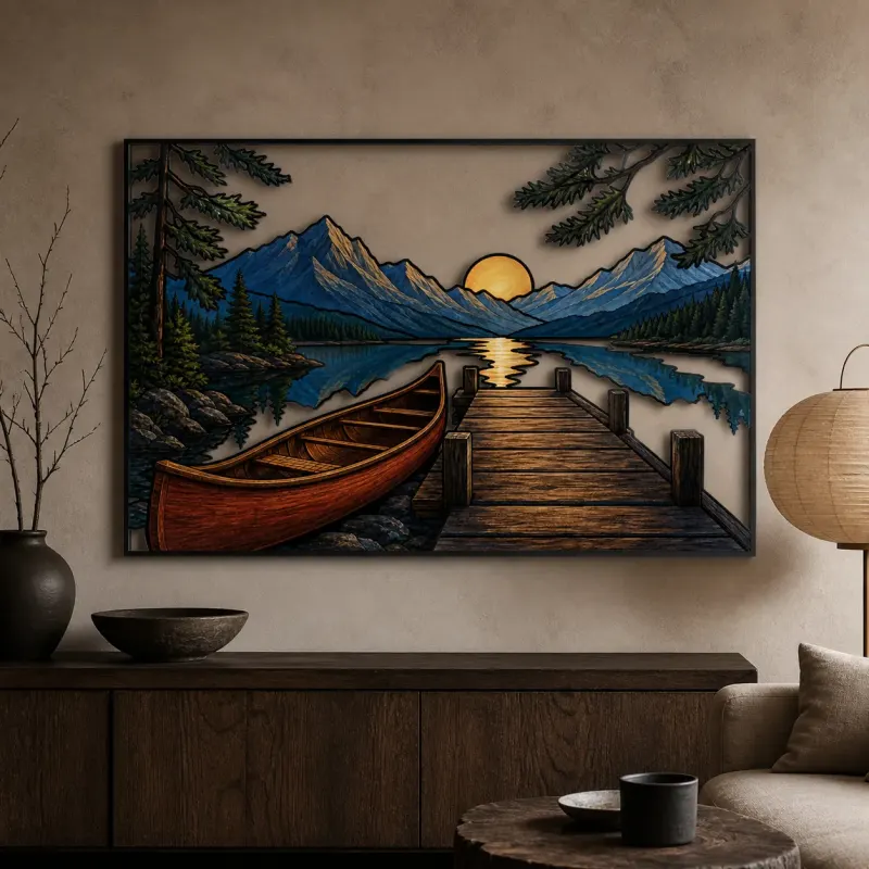 Canoe and Dock on Mountain Lake at Sunset Colorful Metal Wall Art