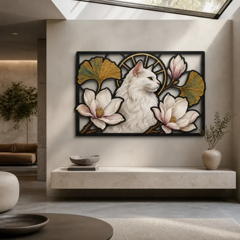White Longhair Cat with Magnolia Flowers Colorful Metal Wall Art