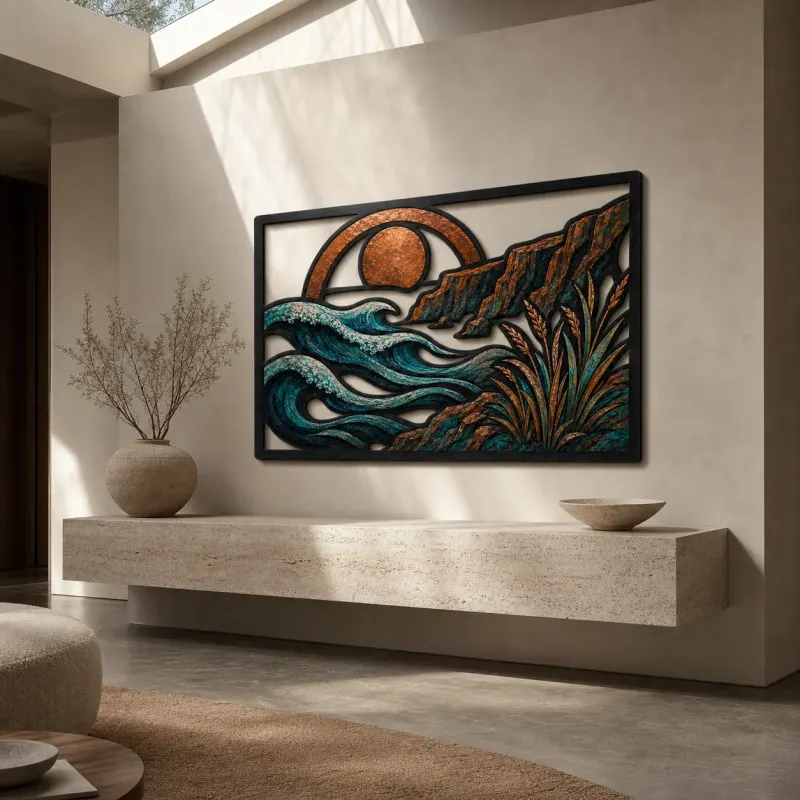Mid Century Ocean Waves beneath Abstract Sun Colorful Metal Wall Art