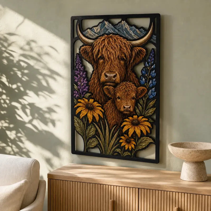 Highland Cow and Calf with Purple Wildflowers Colorful Metal Wall Art