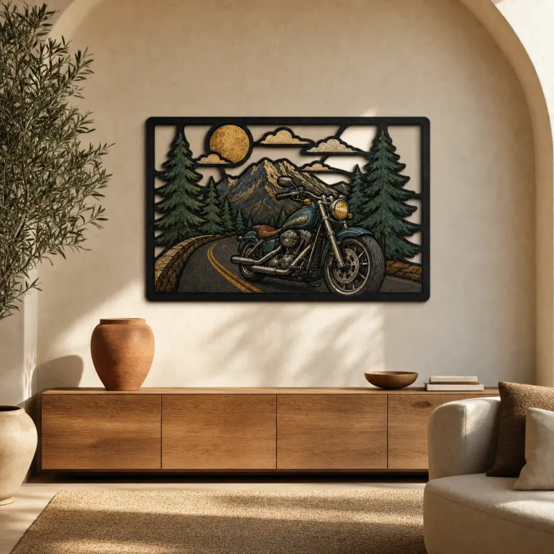 Cruiser Motorcycle on Mountain Road under Full Moon Colorful Metal Wall Art