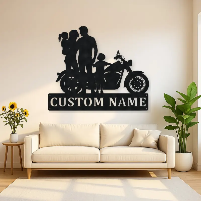 Personalized Classic Motorcycle Family with Toddler Metal Wall Art