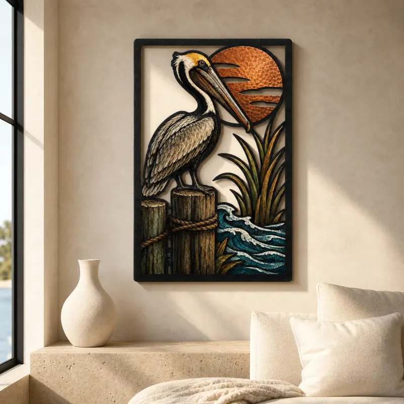 Pelican on Pier with Reeds and Ocean Sun Colorful Metal Wall Art
