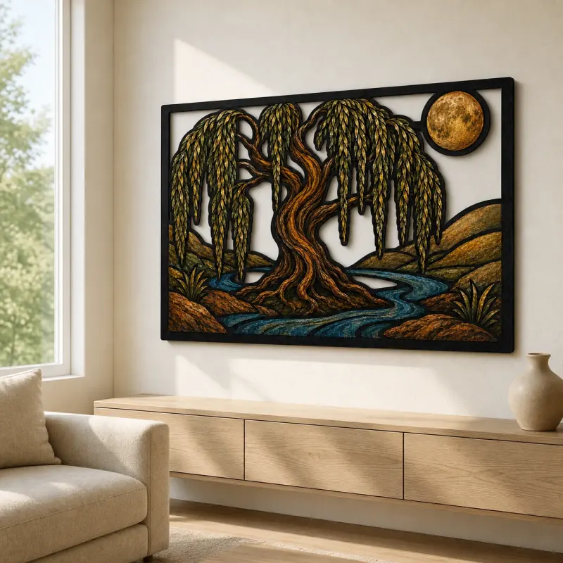 Willow Tree of Life beside Winding River Colorful Metal Wall Art