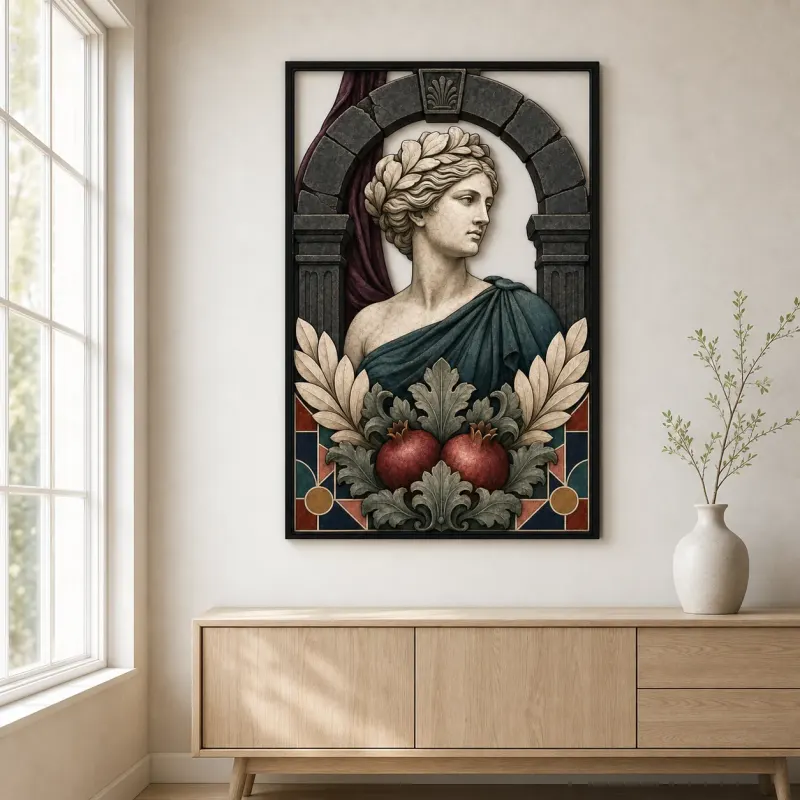 Classical Marble Woman with Pomegranates and Laurel Colorful Metal Wall Art