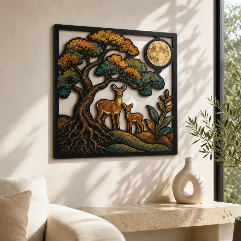 Tree of Life with Deer Family and Full Moon Colorful Metal Wall Art