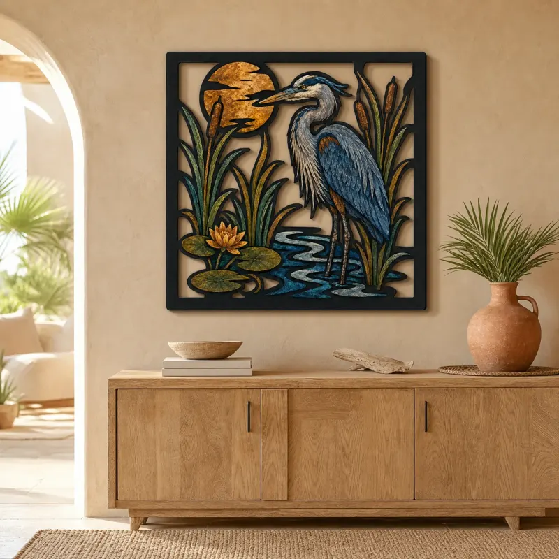 Great Blue Heron in Cattails at Full Moon Colorful Metal Wall Art