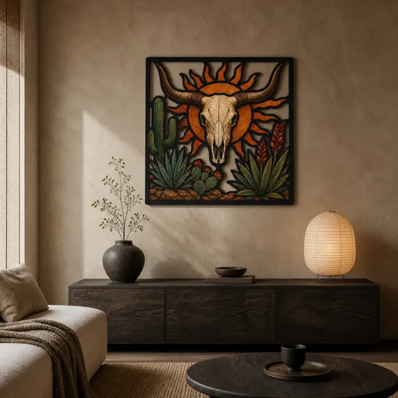 Longhorn Cow Skull with Cactus and Radiant Sun Colorful Metal Wall Art