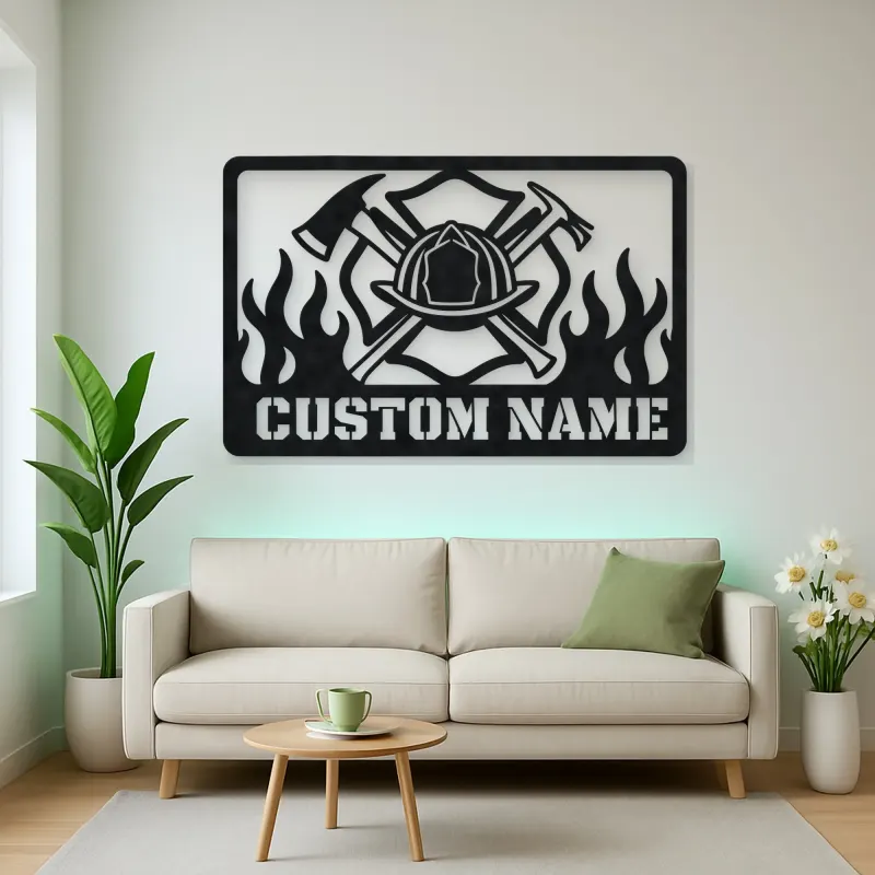 Personalized Firefighter Helmet Metal Wall Art with Flames