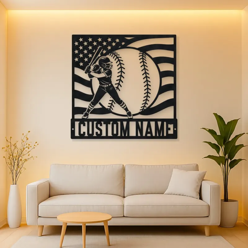Personalized Softball Player and American Flag Metal Wall Art