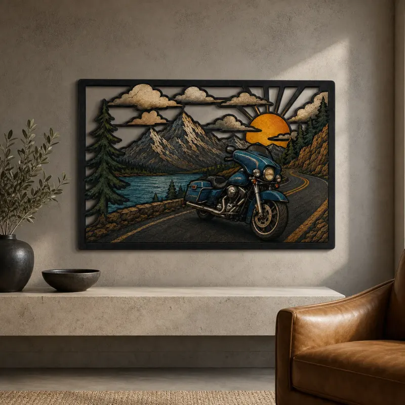 Touring Motorcycle beside Mountain Lake at Sunrise Colorful Metal Wall Art