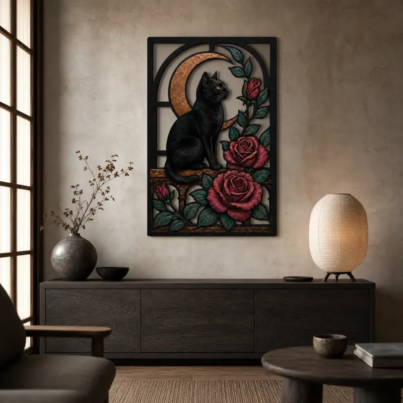 Black Cat with Red Roses and Crescent Moon Colorful Metal Wall Art