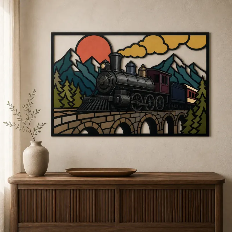 Vintage Dampflok über Bergbrücke Farbige Metall-Wandkunst