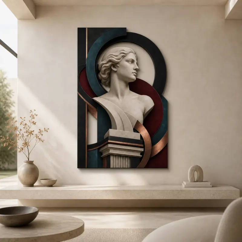 Classical Marble Bust in Abstract Art Deco Frame Colorful Metal Wall Decor