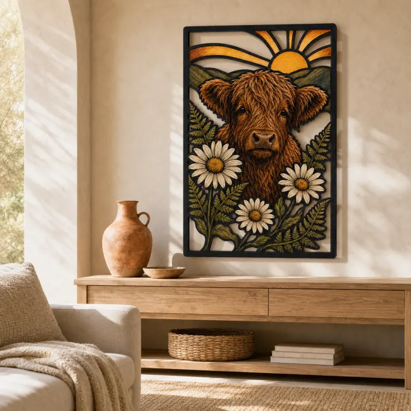Highland Cow with White Daisies and Sunrise Colorful Metal Wall Art