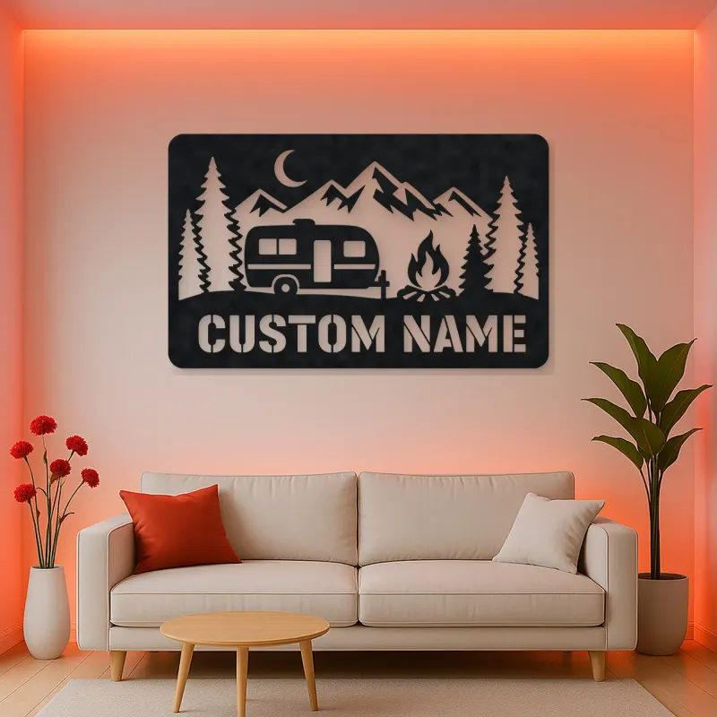 Personalized Travel Trailer Metal Wall Art with Campfire
