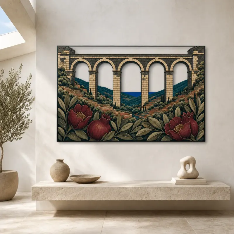 Historic Stone Aqueduct with Peonies and Mountain View Colorful Metal Wall Art