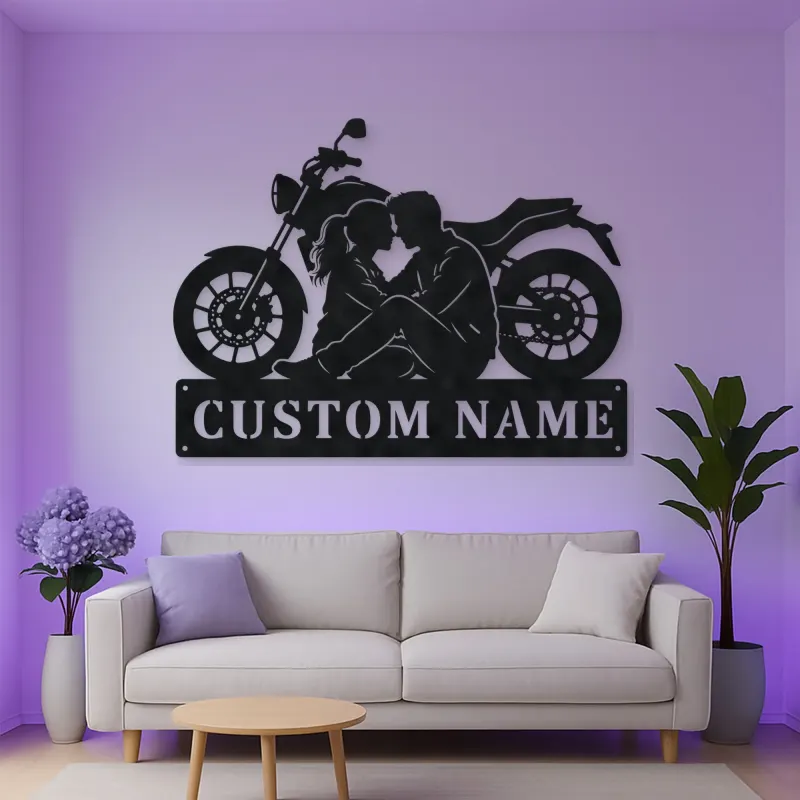 Personalized Seated Couple and Motorcycle Metal Wall Art