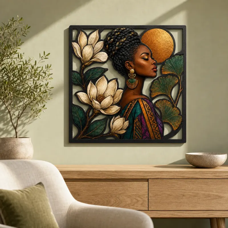 Afro Woman with Magnolia Flowers and Copper Moon Colorful Metal Wall Art