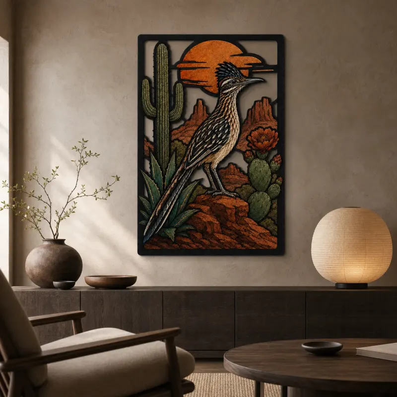 Roadrunner with Cactus in Desert Sunset Colorful Metal Wall Art