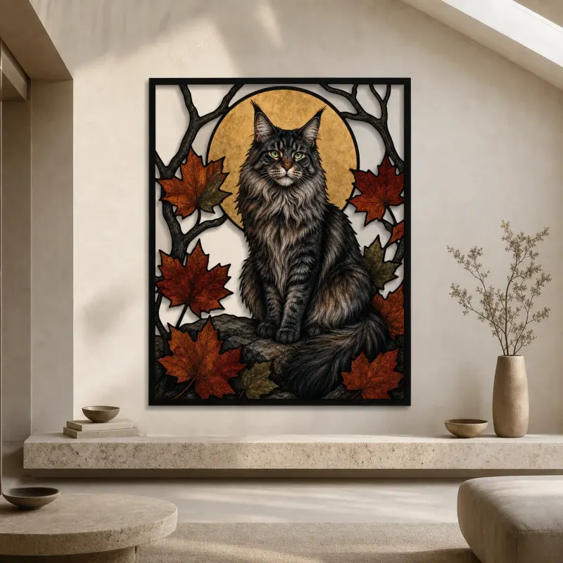 Maine Coon Cat with Autumn Leaves and Moon Colorful Metal Wall Art