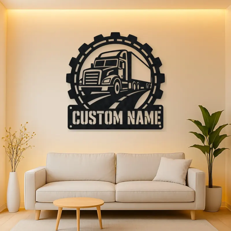 Personalized Semi Truck Metal Wall Art with Gear Frame